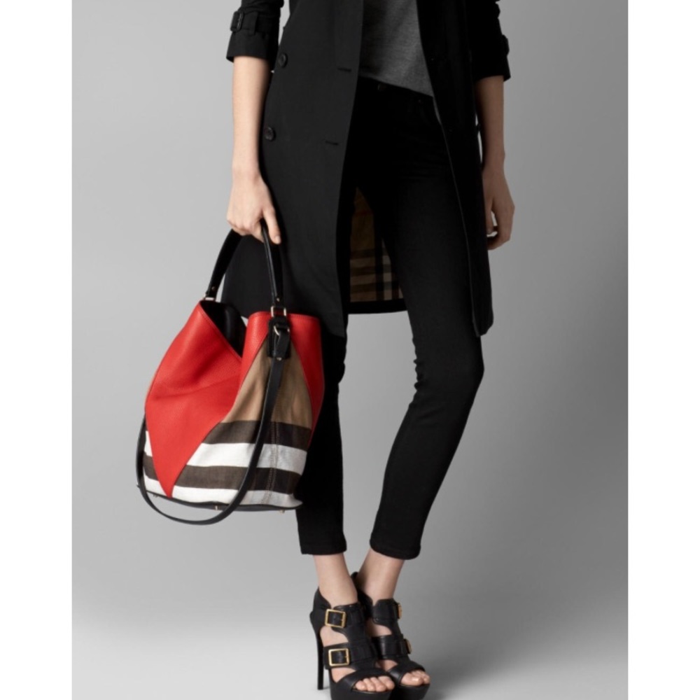 New Burberry Chevron Leather and Canvas Bucket Bag